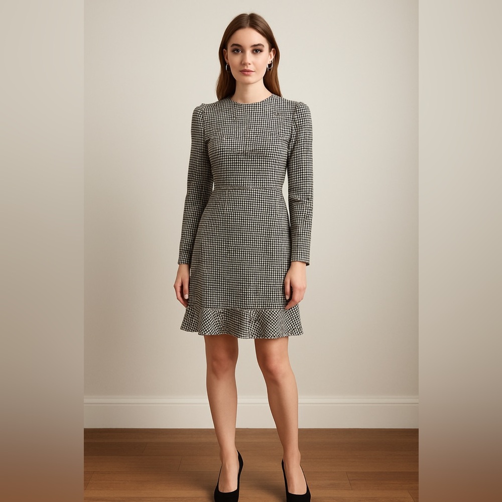 LOFT Black White Houndstooth Long Sleeve Ruffle Hem Dress | Size 0